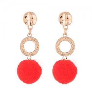 Dangling Shining Hoop and Fluffy Ball Fashion Stud Earrings - Red
