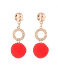 Dangling Shining Hoop and Fluffy Ball Fashion Stud Earrings - Red
