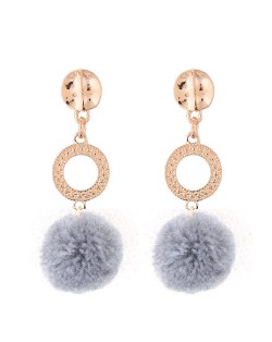 Dangling Shining Hoop and Fluffy Ball Fashion Stud Earrings - Gray