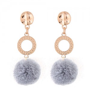 Dangling Shining Hoop and Fluffy Ball Fashion Stud Earrings - Gray