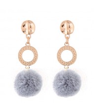 Dangling Shining Hoop and Fluffy Ball Fashion Stud Earrings - Gray