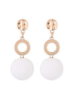 Dangling Shining Hoop and Fluffy Ball Fashion Stud Earrings - White