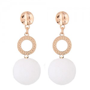 Dangling Shining Hoop and Fluffy Ball Fashion Stud Earrings - White