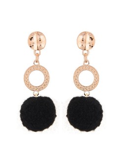 Dangling Shining Hoop and Fluffy Ball Fashion Stud Earrings - Black