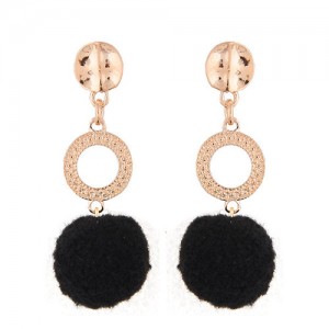 Dangling Shining Hoop and Fluffy Ball Fashion Stud Earrings - Black