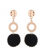 Dangling Shining Hoop and Fluffy Ball Fashion Stud Earrings - Black