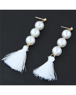 Pearl Cluster and Thread Tassel Design Fashion Stud Earrings - White