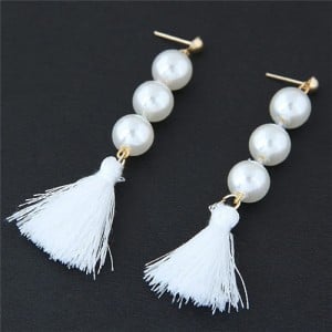 Pearl Cluster and Thread Tassel Design Fashion Stud Earrings - White