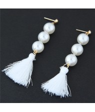 Pearl Cluster and Thread Tassel Design Fashion Stud Earrings - White