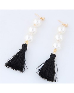 Pearl Cluster and Thread Tassel Design Fashion Stud Earrings - Black