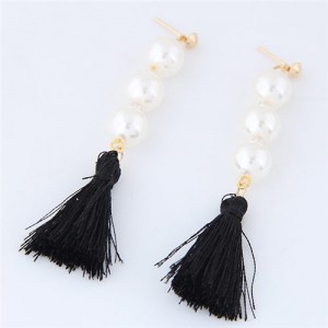 Pearl Cluster and Thread Tassel Design Fashion Stud Earrings - Black