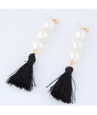 Pearl Cluster and Thread Tassel Design Fashion Stud Earrings - Black