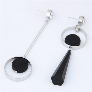 Resin Gem Inlaid and Waterdrop Design Asymmetric Design Fashion Earrings - Silver