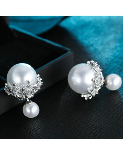 Pearl Inlaid Delicate Hollow-out Floral Tray Decoration Design Fashion Stud Earrings