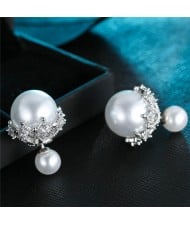Pearl Inlaid Delicate Hollow-out Floral Tray Decoration Design Fashion Stud Earrings