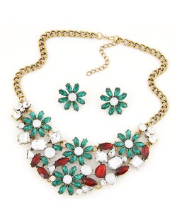 Shining Chrysanthemum Cluster High Fashion Costume Necklace and Earrings Set - Green