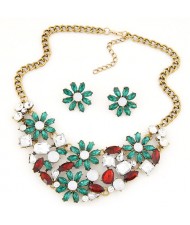 Shining Chrysanthemum Cluster High Fashion Costume Necklace and Earrings Set - Green