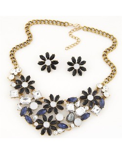 Shining Chrysanthemum Cluster High Fashion Costume Necklace and Earrings Set - Dark Blue