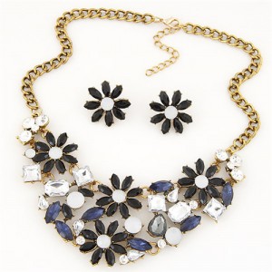 Shining Chrysanthemum Cluster High Fashion Costume Necklace and Earrings Set - Dark Blue