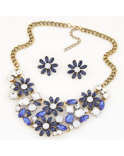 Shining Chrysanthemum Cluster High Fashion Costume Necklace and Earrings Set - Blue