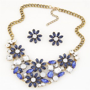 Shining Chrysanthemum Cluster High Fashion Costume Necklace and Earrings Set - Blue
