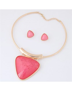 Cute Triangle Resin Gem Golden Alloy Fashion Necklet and Stud Earrings Set - Rose
