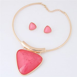 Cute Triangle Resin Gem Golden Alloy Fashion Necklet and Stud Earrings Set - Rose