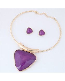 Cute Triangle Resin Gem Golden Alloy Fashion Necklet and Stud Earrings Set - Purple