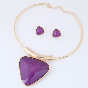 Cute Triangle Resin Gem Golden Alloy Fashion Necklet and Stud Earrings Set - Purple