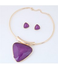 Cute Triangle Resin Gem Golden Alloy Fashion Necklet and Stud Earrings Set - Purple