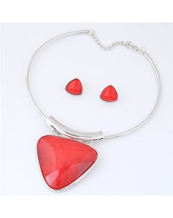 Cute Triangle Resin Gem Silver Alloy Fashion Necklet and Stud Earrings Set - Red