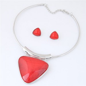 Cute Triangle Resin Gem Silver Alloy Fashion Necklet and Stud Earrings Set - Red