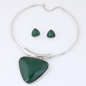 Cute Triangle Resin Gem Silver Alloy Fashion Necklet and Stud Earrings Set - Dark Green