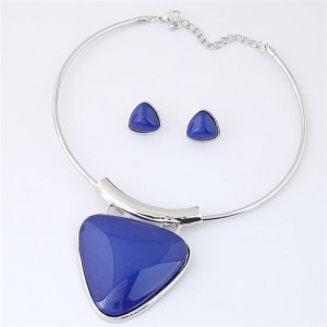 Cute Triangle Resin Gem Silver Alloy Fashion Necklet and Stud Earrings Set - Blue