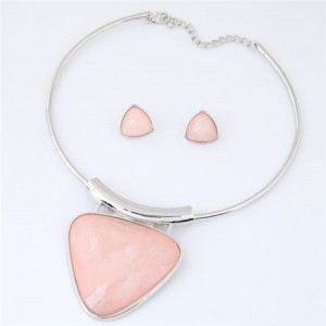 Cute Triangle Resin Gem Silver Alloy Fashion Necklet and Stud Earrings Set - Light Pink