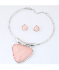 Cute Triangle Resin Gem Silver Alloy Fashion Necklet and Stud Earrings Set - Light Pink