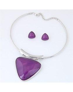 Cute Triangle Resin Gem Silver Alloy Fashion Necklet and Stud Earrings Set - Purple
