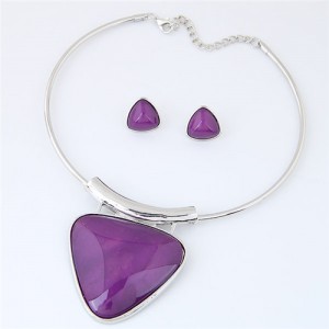 Cute Triangle Resin Gem Silver Alloy Fashion Necklet and Stud Earrings Set - Purple
