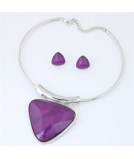 Cute Triangle Resin Gem Silver Alloy Fashion Necklet and Stud Earrings Set - Purple