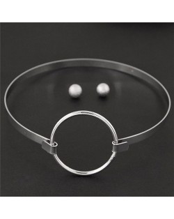 Simple Ring Fashion Alloy Necklet and Stud Earrings Set - Silver