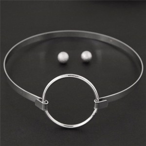 Simple Ring Fashion Alloy Necklet and Stud Earrings Set - Silver