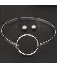 Simple Ring Fashion Alloy Necklet and Stud Earrings Set - Silver