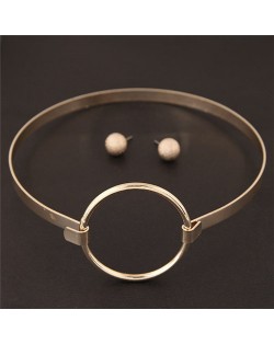 Simple Ring Fashion Alloy Necklet and Stud Earrings Set - Golden