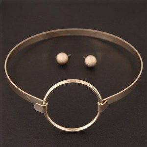 Simple Ring Fashion Alloy Necklet and Stud Earrings Set - Golden