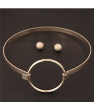 Simple Ring Fashion Alloy Necklet and Stud Earrings Set - Golden