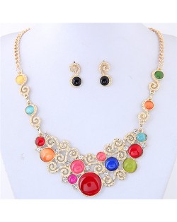 Opal Stone and Rhinestone Inlaid Propitious Cloud Fashion Statement Necklace and Stud Earrings Set - Multicolor