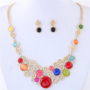 Opal Stone and Rhinestone Inlaid Propitious Cloud Fashion Statement Necklace and Stud Earrings Set - Multicolor