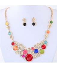 Opal Stone and Rhinestone Inlaid Propitious Cloud Fashion Statement Necklace and Stud Earrings Set - Multicolor