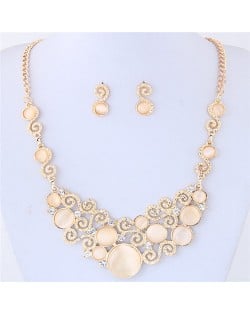 Opal Stone and Rhinestone Inlaid Propitious Cloud Fashion Statement Necklace and Stud Earrings Set - Light Champagne