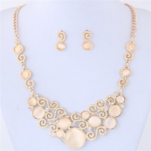 Opal Stone and Rhinestone Inlaid Propitious Cloud Fashion Statement Necklace and Stud Earrings Set - Light Champagne